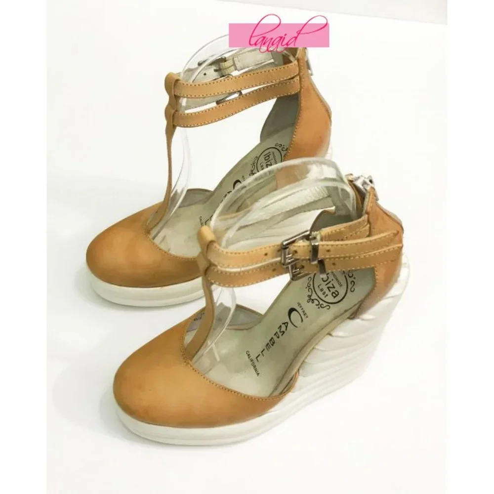 Jeffrey Campbell Sous Wedges Leather Camel White Bubble Strappy Platform Heels 6
